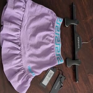 Versace Lavender Ruffle Strapless Top with Turquoise Greek Key Trim